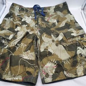 American Eagle Mens Camo Board Shorts Size 32 Cargo Swim Trunks Green AE77 Camo